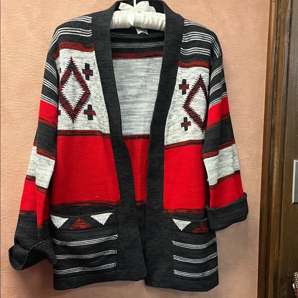 Geometric Patterned Red and Black Women's Sweater by Catalina